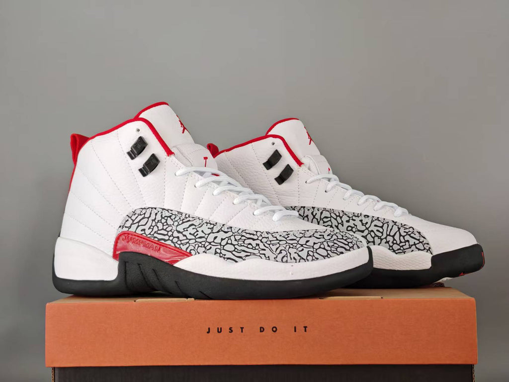 Air Jordan 12 Retro White & Red Patterned High-Top Sneakers
