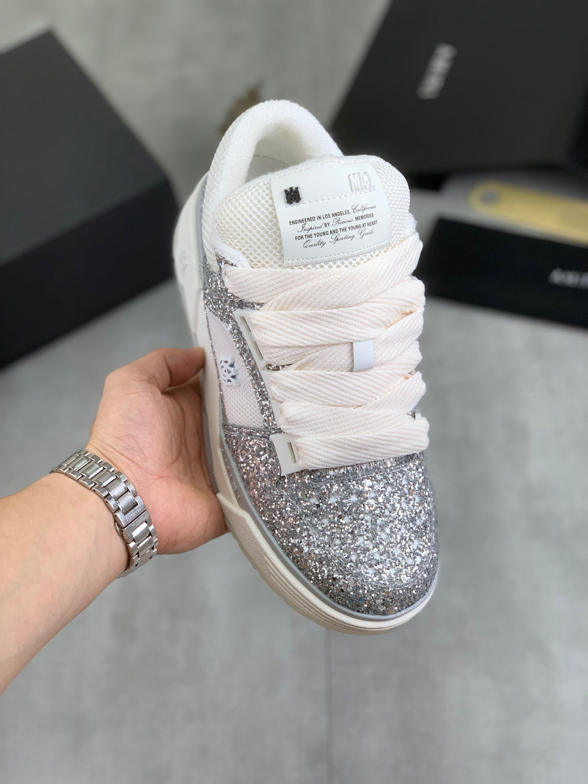 AMIRI Low-Top Sneakers – Silver Sparkle / White