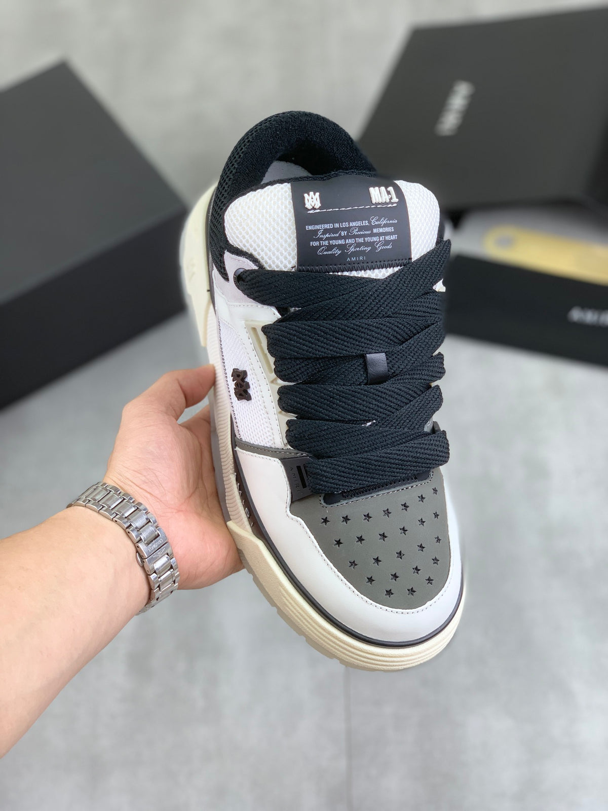 AMIRI Low-Top Sneakers – White / Grey / Black with Cream Sole