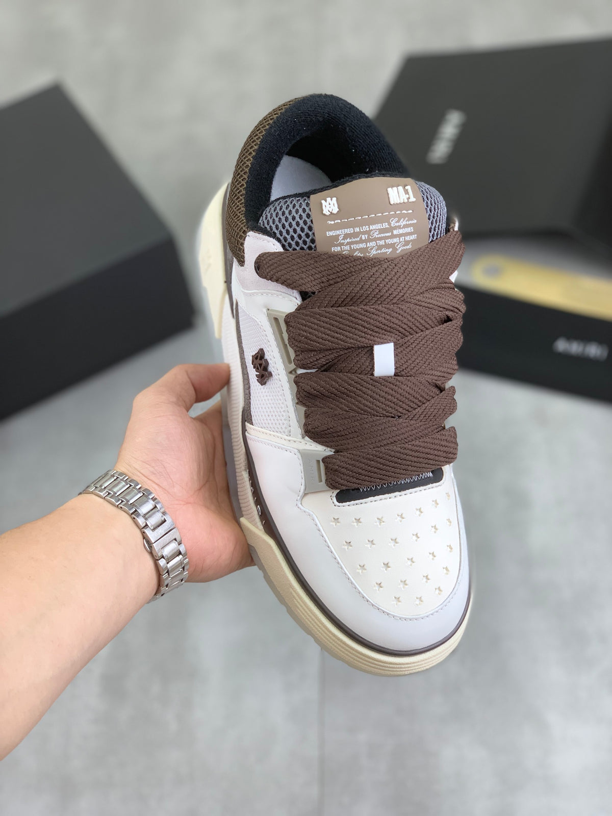 AMIRI Low-Top Sneakers – White / Brown / Grey with Cream Sole