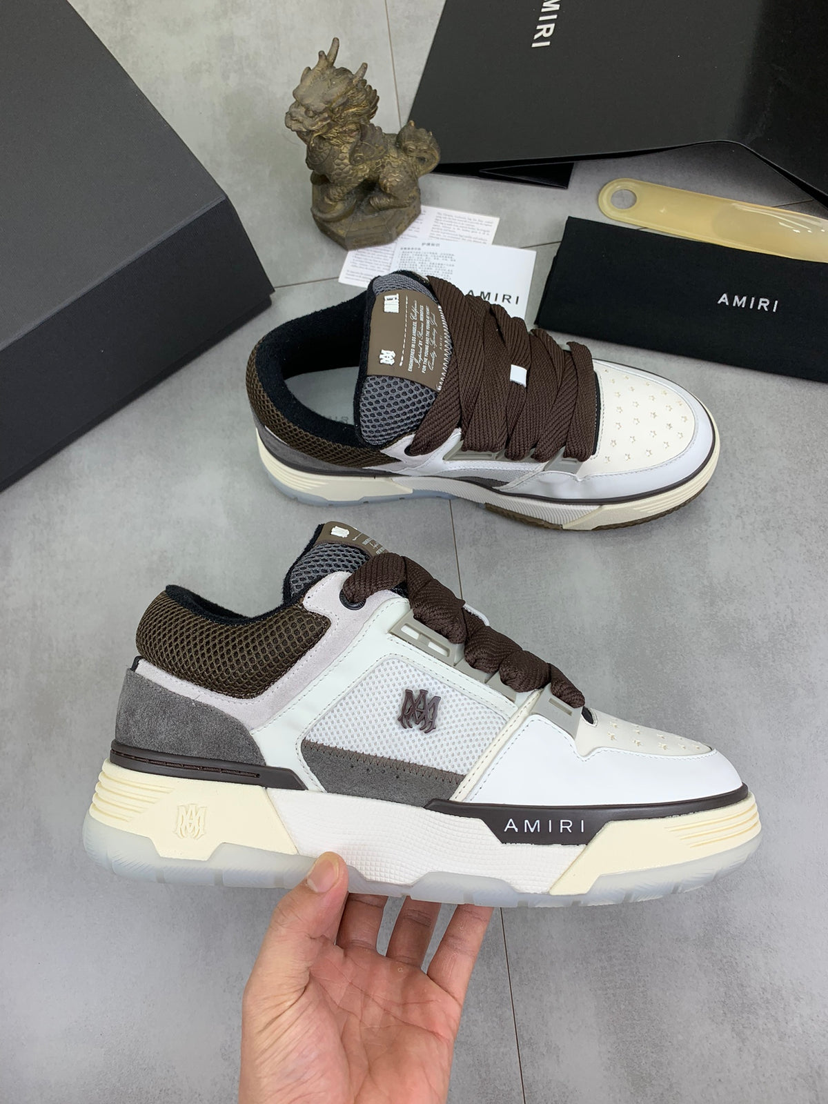 AMIRI Low-Top Sneakers – White / Brown / Grey with Cream Sole