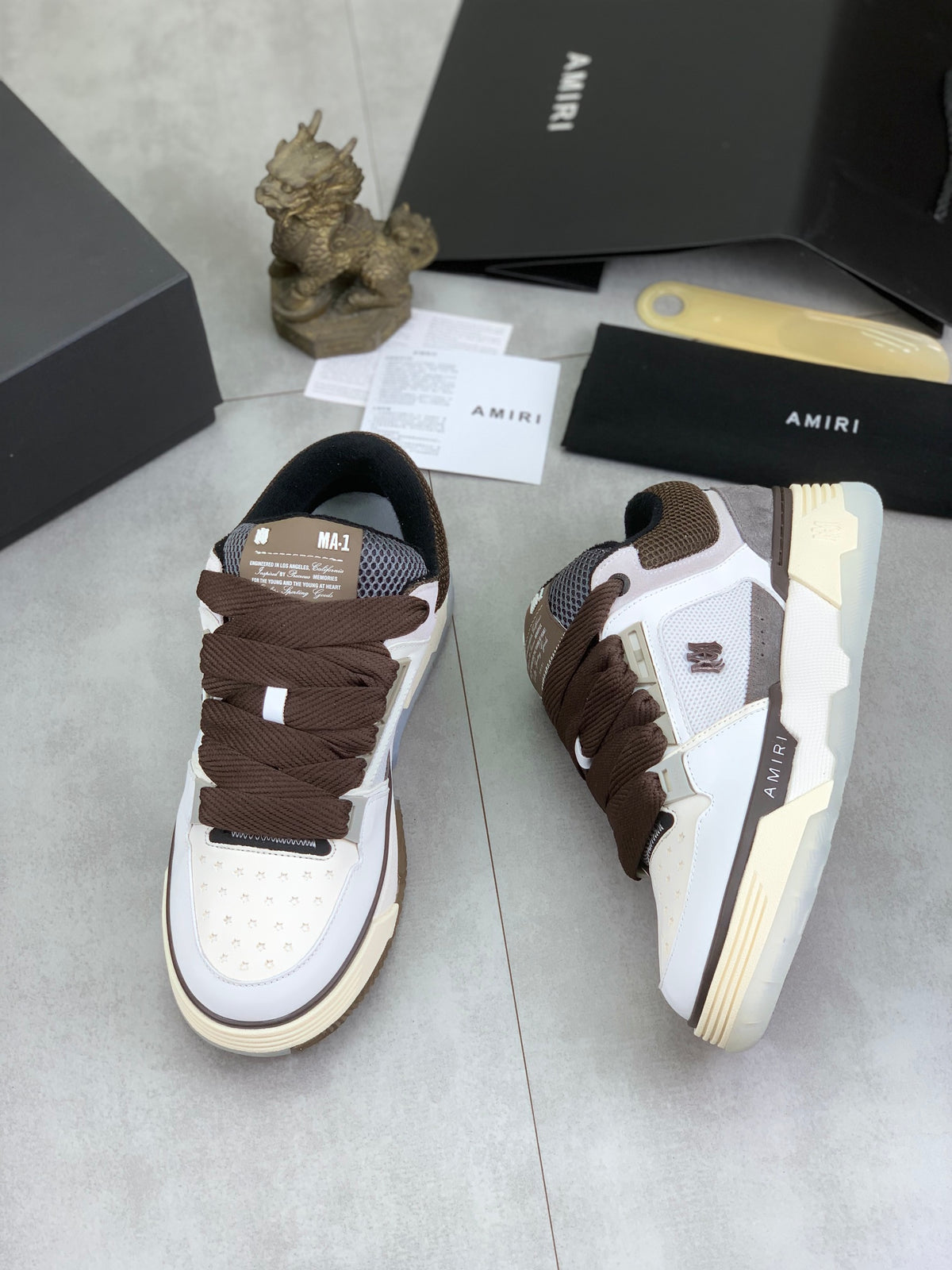 AMIRI Low-Top Sneakers – White / Brown / Grey with Cream Sole