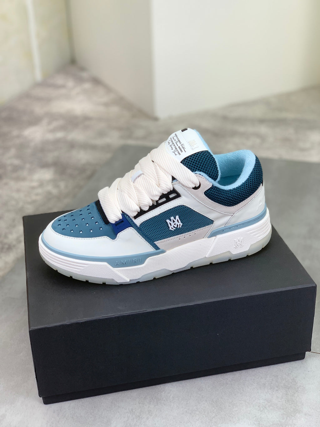 AMIRI Low-Top Sneakers – White / Blue with Light Blue Accents