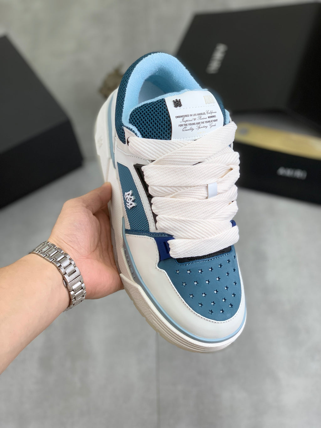 AMIRI Low-Top Sneakers – White / Blue with Light Blue Accents