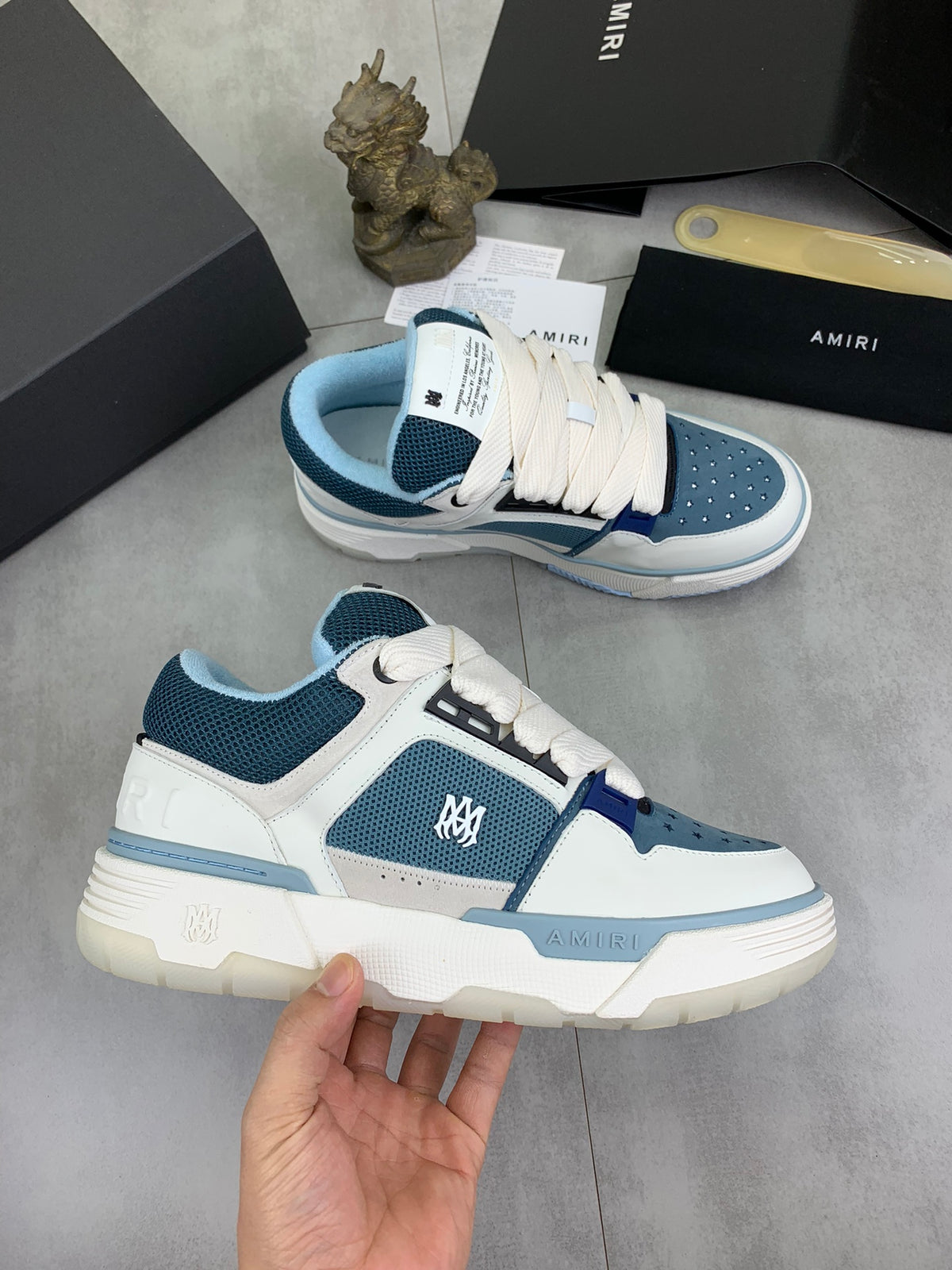 AMIRI Low-Top Sneakers – White / Blue with Light Blue Accents