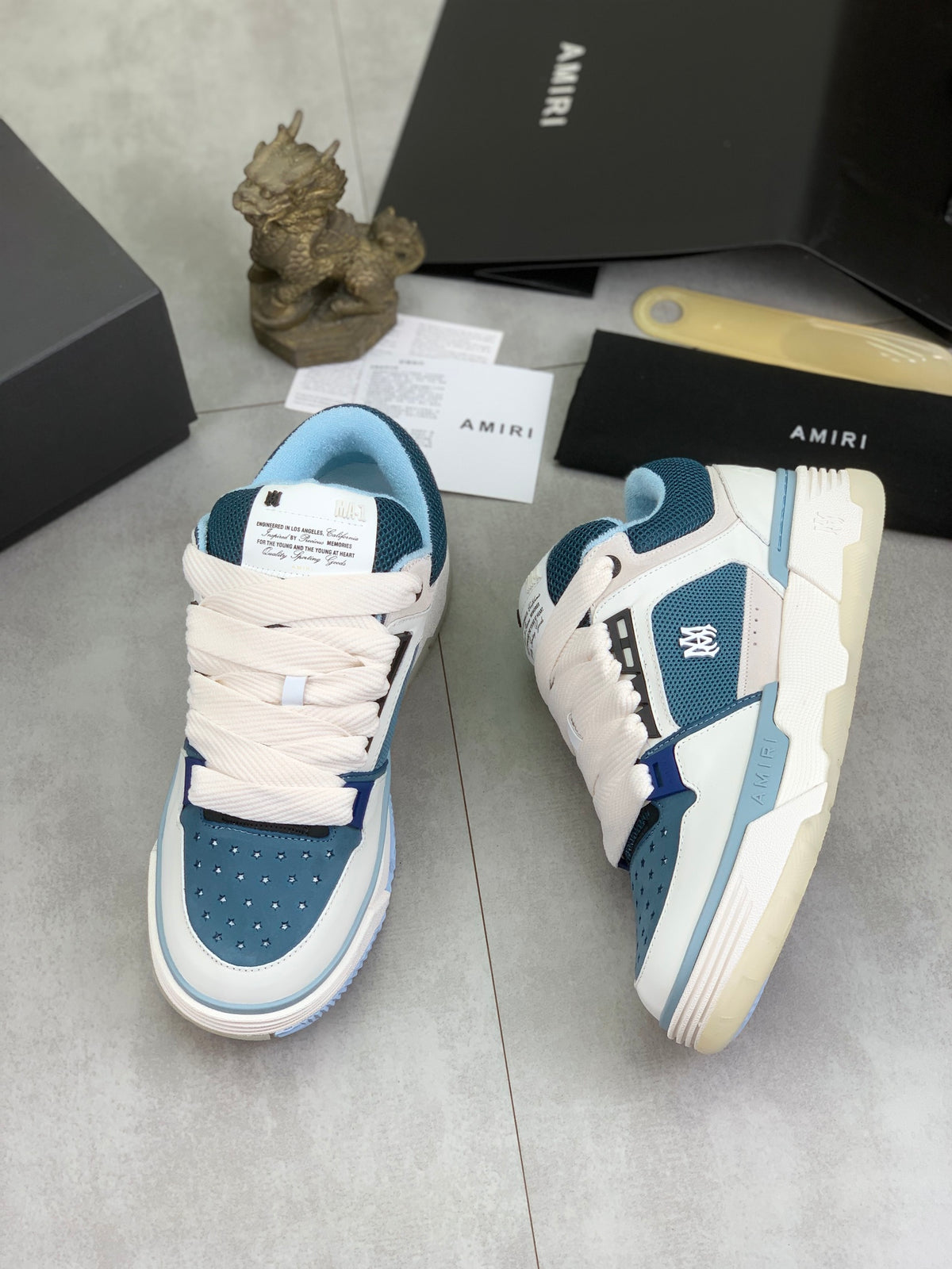 AMIRI Low-Top Sneakers – White / Blue with Light Blue Accents