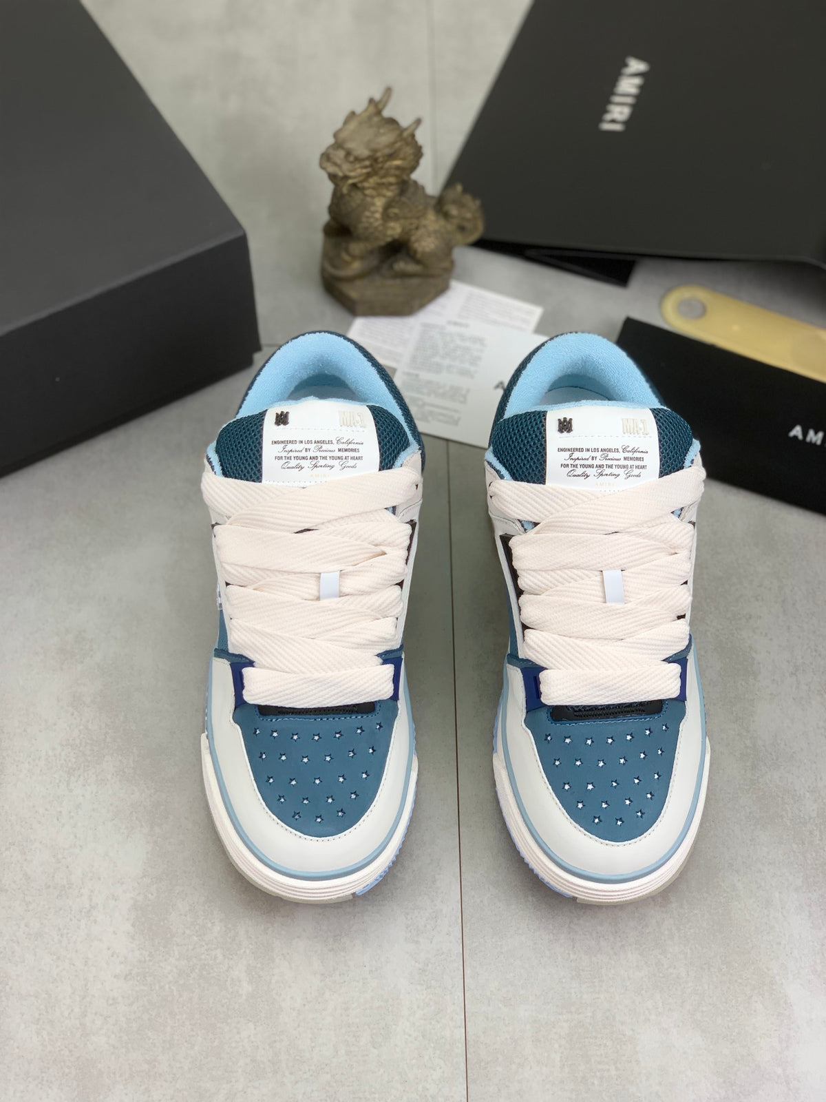 AMIRI Low-Top Sneakers – White / Blue with Light Blue Accents
