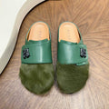 Green Emblem-Panel Textured-Toe Mules