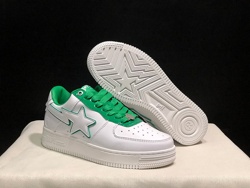 White & Green Star-Detail Low-Top Sneakers