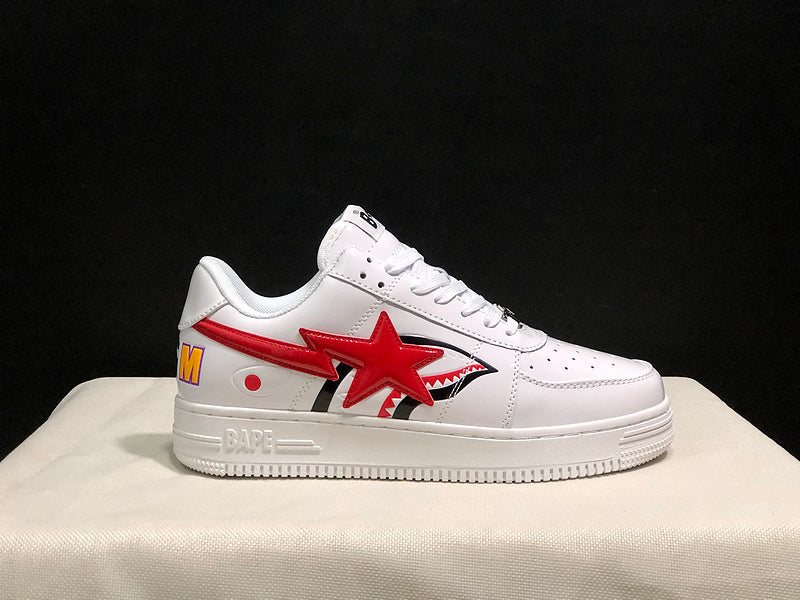 White & Red Shark-Graphic Star-Detail Low-Top Sneakers