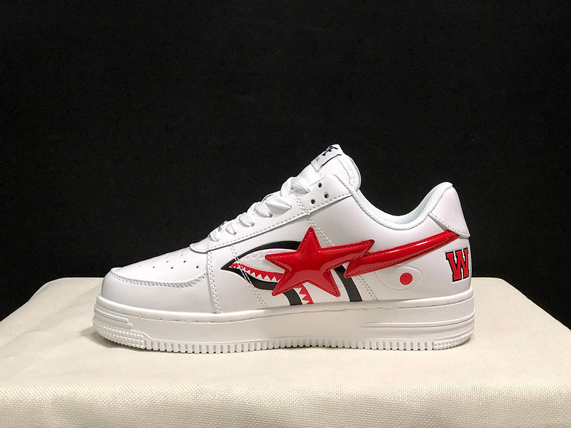 White & Red Shark-Graphic Star-Detail Low-Top Sneakers