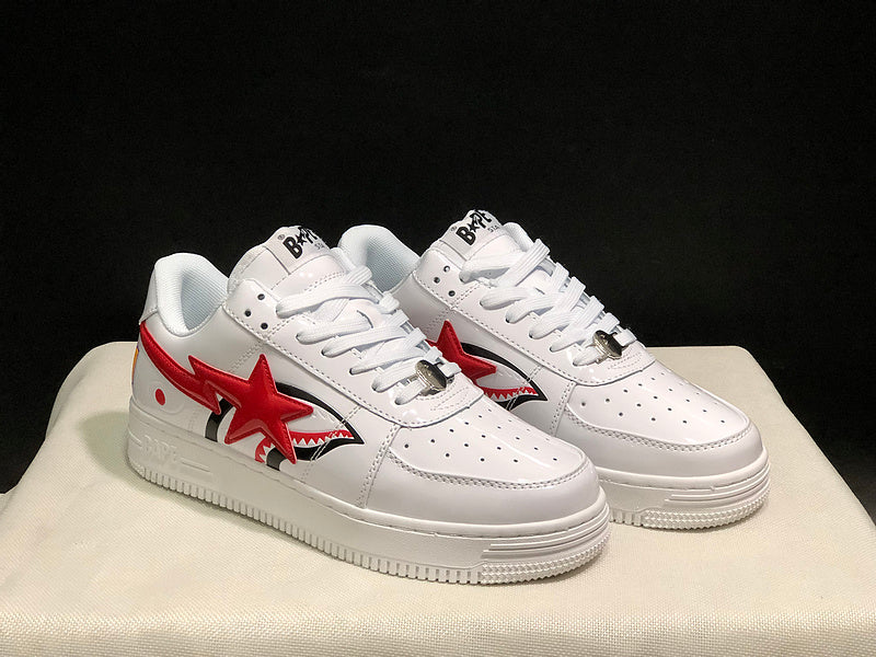 White & Red Shark-Graphic Star-Detail Low-Top Sneakers