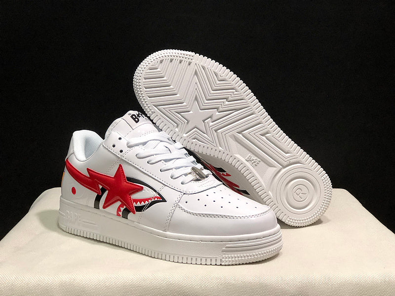 White & Red Shark-Graphic Star-Detail Low-Top Sneakers