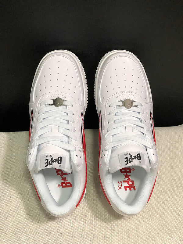 White & Red Shark-Graphic Star-Detail Low-Top Sneakers