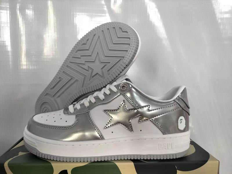 BAPE Metallic Silver and White Star Low-Top Sneakers