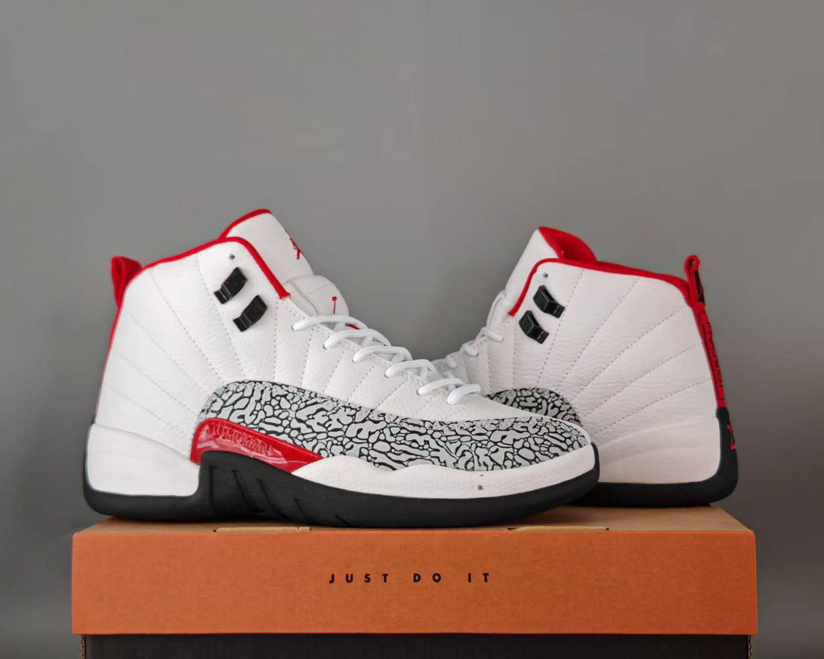 Air Jordan 12 Retro White & Red Patterned High-Top Sneakers